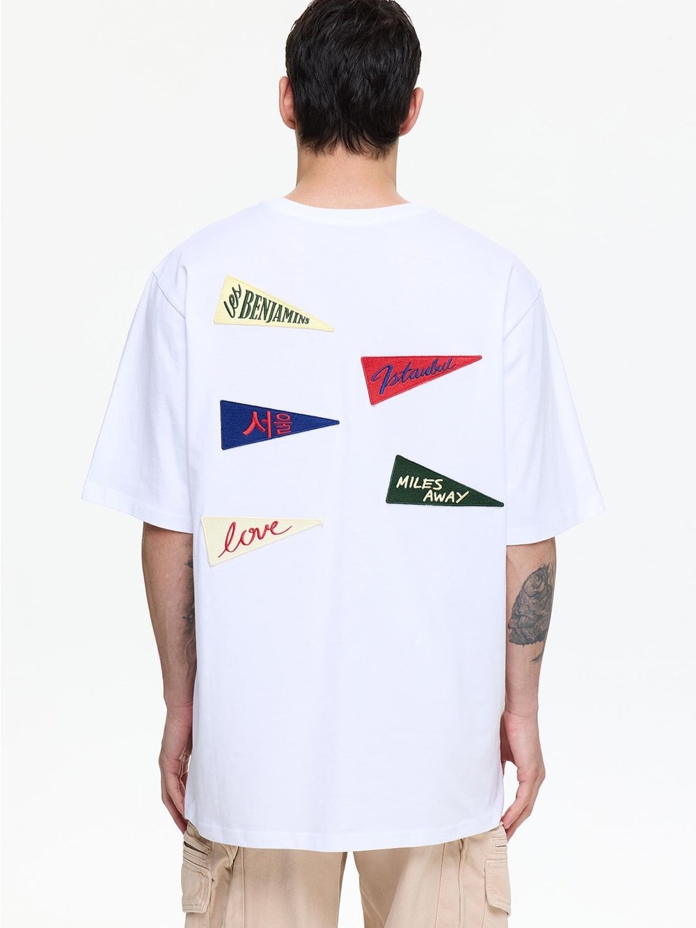 Men's White Graphic Patch Tee - Multi Pennant Design